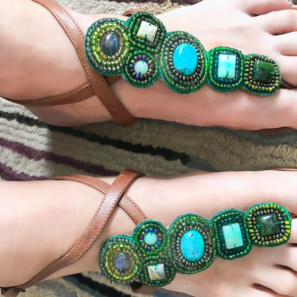 Sigerson Morrison Turquoise Beaded Stones T Strap - Picture 2 of 5